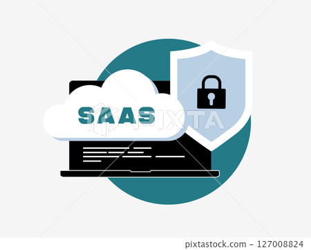 SaaS security posture management enhances cloud application protection through automated tools. Cloud access security brokers technology for securing saas environments. Flat vector illustration 127008824