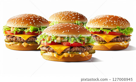 Perfect juicy cheeseburgers with all the fixings, including melted cheese, fresh lettuce, tomatoes, onions, and pickles on sesame seed buns. 127008945