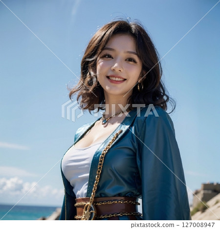 一位年輕女子望著藍天和大海 127008947