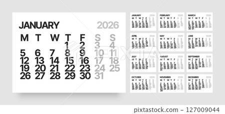 Monthly calendar layout for 2026. Planner diary. 127009044
