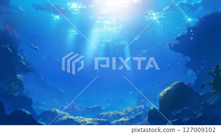 水下場景，燈光照射進深海，動漫風格 127009102