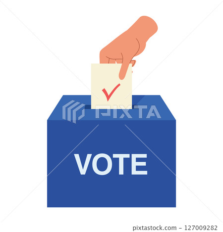 選舉投票圖示。選舉插圖顯示一個人將選票放入藍色投票箱。 127009282