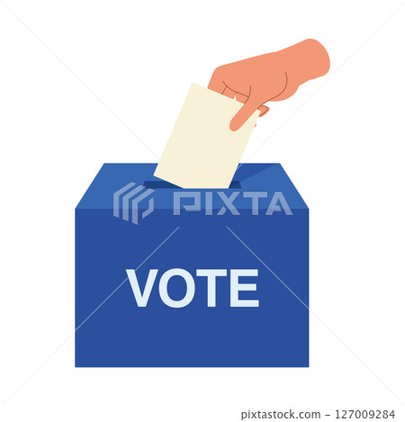 選舉投票圖示。選舉插圖顯示一個人將選票放入藍色投票箱。 選舉投票圖示。選舉插圖顯示一個人將選票放入藍色投票箱。 127009284