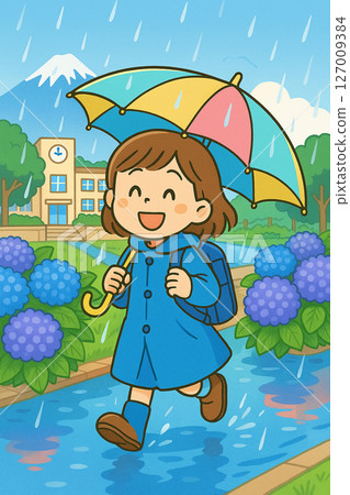 Illustration of a girl (Hannah) cheerfully going to school on a rainy day 127009384