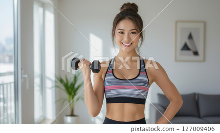 Healthy woman doing dumbbell exercises at home Healthy woman doing dumbbell exercises at home 127009406