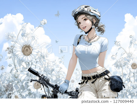 Illustration material of a woman who came to see sunflowers on a mountain bike Illustration material of a woman who came to see sunflowers on a mountain bike 127009440