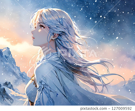 Woman with beautiful hair standing in the snow 127009592