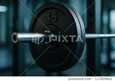Close-up of Gym Weight Plate on Barbell with Cool Lighting 127009682