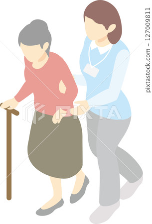 Isometric nursing care welfare medical person woman nurse care worker senior elderly illustration 127009811