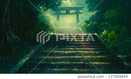 雨中通往神社的樓梯風景，動畫風格 127009843