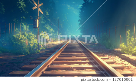 鐵軌穿越森林的風景，動漫風格 127010001