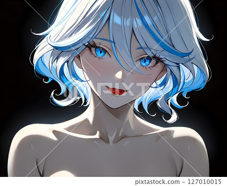 黑色背景上，一個有著清晰的藍色短髮的女孩 127010015
