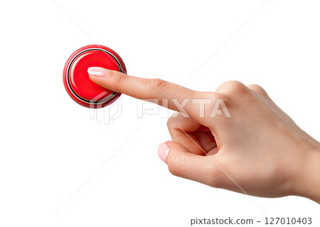 AI-generated item. Woman hand pressing a red button on transparent background. 127010403