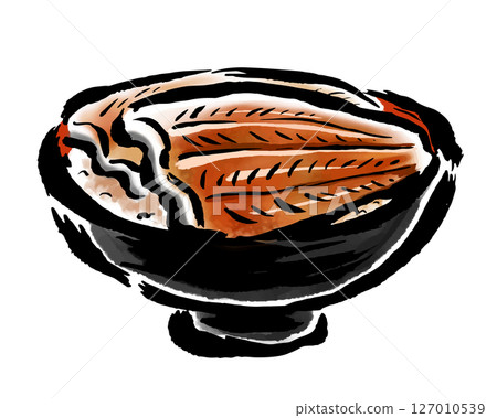 Eel bowl (black bowl) Hand-drawn illustration with brush strokes 127010539