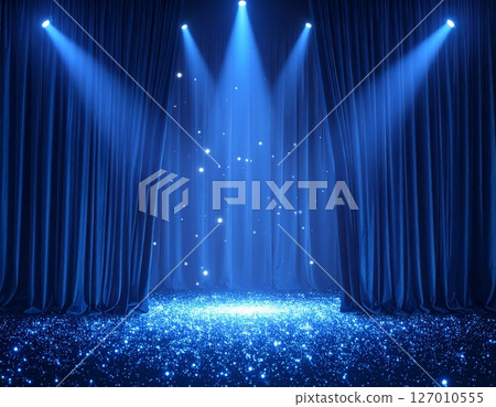 閃閃發光的藍色劇院，優雅的窗簾 127010555