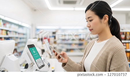 一位女士使用智慧型手機進行無現金支付 127010737