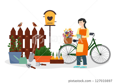 Garden tools. Pots with plants near the fence. Birds and a birdhouse. Gardening in spring. Garden improvement. Girl with a bicycle. Basket with wild flowers. Garden tools. Pots with plants near the fence. Birds and a birdhouse. Gardening in spring. Garden improvement. Girl with a bicycle. Basket with wild flowers. 127010897