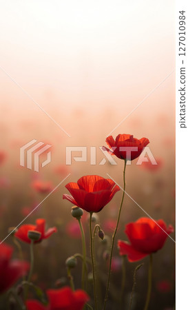 Red poppies growing in the field in summer 127010984
