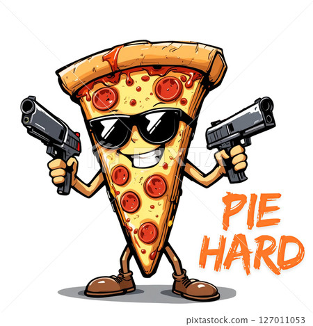 A slice of pepperoni pizza, with sunglasses and a wide grin, is wielding a gun in each hand. 127011053