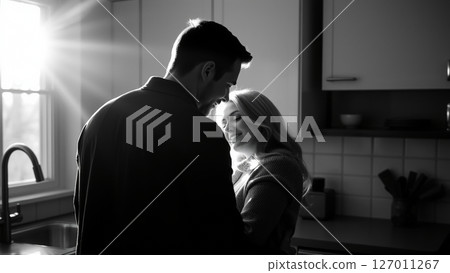 Married couple hugging in the morning in the kitchen. Man and woman in love hugging in the rays of the morning sun. Monochrome image.  127011267