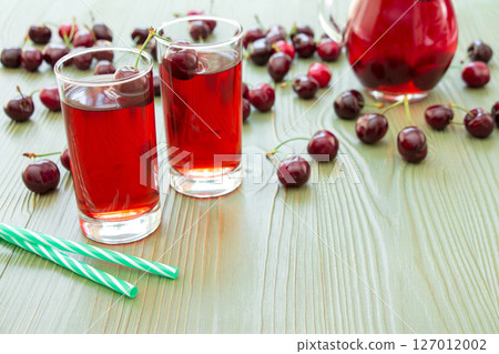 Left 2 glasses of juice, green straws, scattered cherries, jar of cherry juice, on right empty space for text on green background. Cherries, cherry juice and empty space. Horizontal. Left 2 glasses of juice, green straws, scattered cherries, jar of cherry juice, on right empty space for text on green background. Cherries, cherry juice and empty space. Horizontal. 127012002