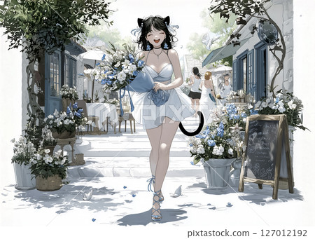 Illustration material of a cat fairy walking with a smile while holding a bouquet of flowers she received 127012192