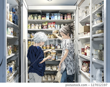 人們囤積應急食品的插畫素材 127012197