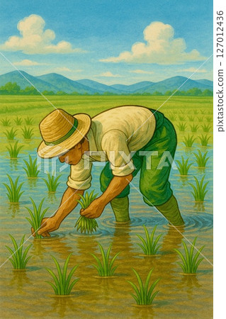 Rice planting scene, countryside life, scenery 127012436