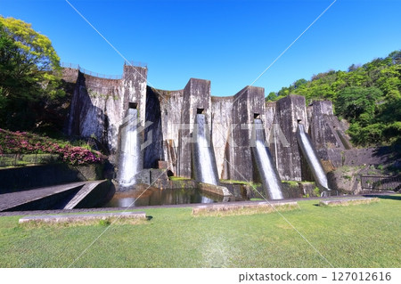 [Kagawa Prefecture] Azaleas blooming in spring at the Honenike Dam (Hoenike Weir), the first stone masonry multiple arch dam in the country 127012616