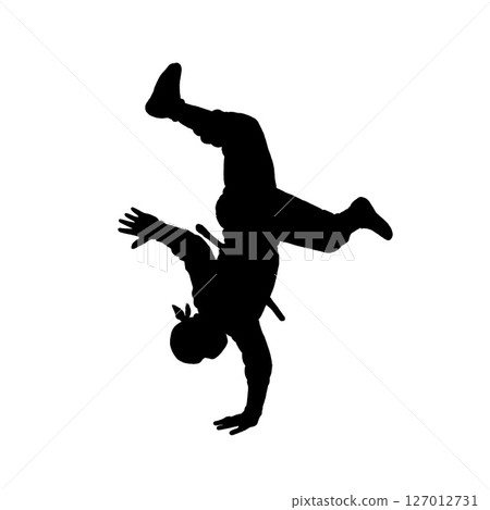 Silhouette material of a ninja doing a backflip (acrobatic ninja pose) 127012731