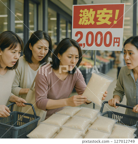 Women, housewives and mothers rush to buy stockpiled rice at the rice section of a supermarket 127012749