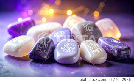 紫色和白色寶石上刻有神秘符號 127012986