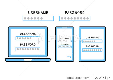 Illustrations of various information terminals with usernames and passwords typed in Illustrations of various information terminals with usernames and passwords typed in 127013147