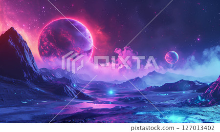 Futuristic fantasy landscape landscape with galaxy planet. 127013402