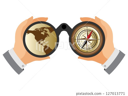 Businessman look through binoculars with world map and compass. 127013771