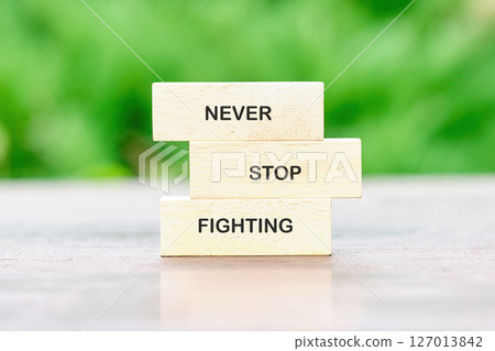 The concept of inspirational and motivational. NEVER STOP FIGHTING painted on wooden blocks on a bright green background, reflecting the peaceful atmosphere outdoors The concept of inspirational and motivational. NEVER STOP FIGHTING painted on wooden blocks on a bright green background, reflecting the peaceful atmosphere outdoors 127013842