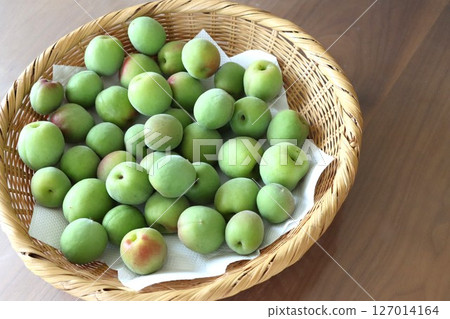 Large, plump green plums in a colander Large, plump green plums in a colander 127014164