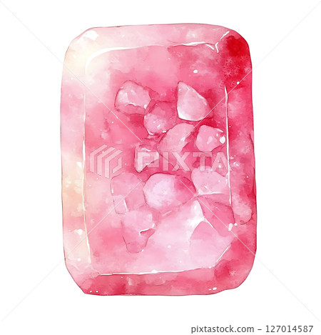 Watercolor illustration of pink ice cube with ice chunks inside 127014587
