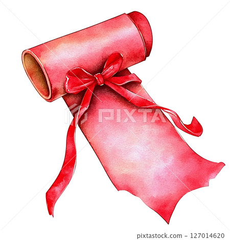 Empty scroll with red ribbon bow, symbolizing gift or celebration 127014620