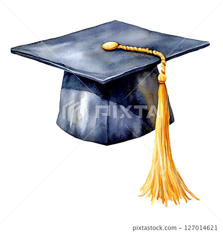 Watercolor illustration of graduation cap with gold tassel 127014621