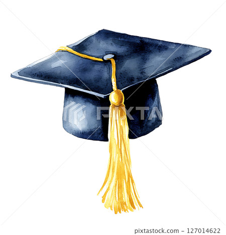 Watercolor illustration of graduation cap with gold tassel 127014622
