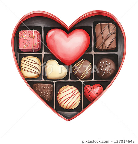 Heart shaped box of assorted chocolates with colorful Heart shaped box of assorted chocolates with colorful 127014642