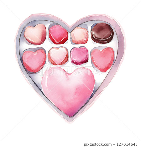Watercolor illustration of heart shaped box filled with various Watercolor illustration of heart shaped box filled with various 127014643