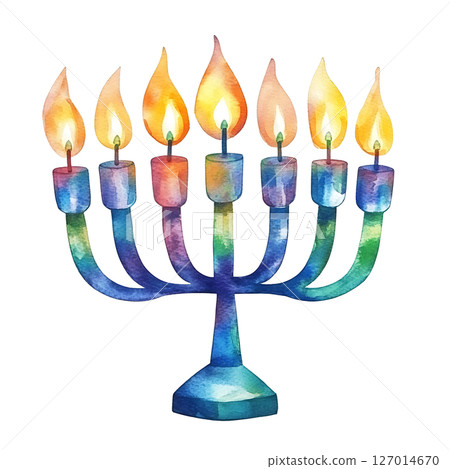 Colorful watercolor illustration of menorah with lit candles 127014670