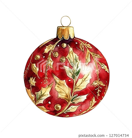 Festive Christmas ornament decorated with holly leaves, berries 127014734
