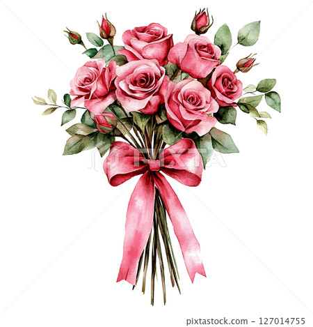 Watercolor illustration of bouquet of pink roses with green leaves 127014755