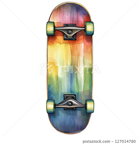 Colorful skateboard with rainbow watercolor design and green wheels 127014780