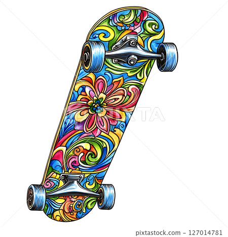 Colorful skateboard with floral and swirl design, vibrant 127014781