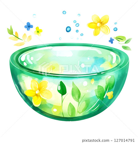 Colorful watercolor illustration of glass bowl with floating 127014791
