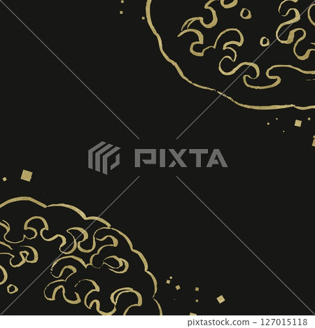 方形深色橫幅，帶有金色圓形波浪圖案。黑色背景上對角線上的日式書法漩渦 127015118